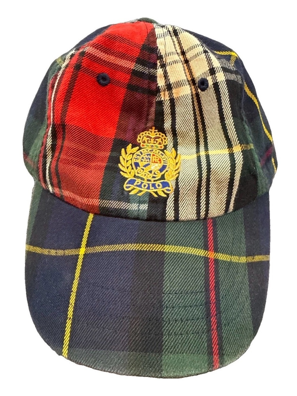 Polo Ralph Lauren Patchwork Tartan Plaid Crest Leather Strap Hat Cap OSFA Rare
